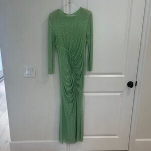 Self-Portrait Green Mesh Maxi Rhinestone Long Sleeve Dress